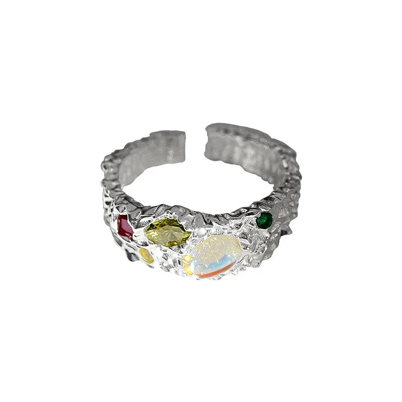 Luxury Custom Design Women's Sterling Silver 925 Jewelry Rhodium Plated Irregular Melted Surface Stone Ring for Weddings