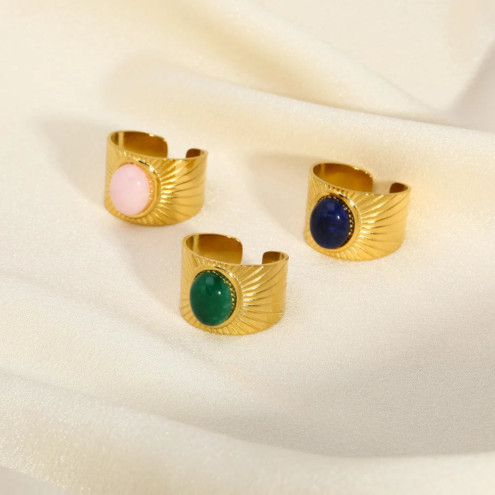 Retro Fashion Jewelry Stainless Steel Rings Women Irregular Natural Stone Open Ring Colored Stone Waterproof Jewelry