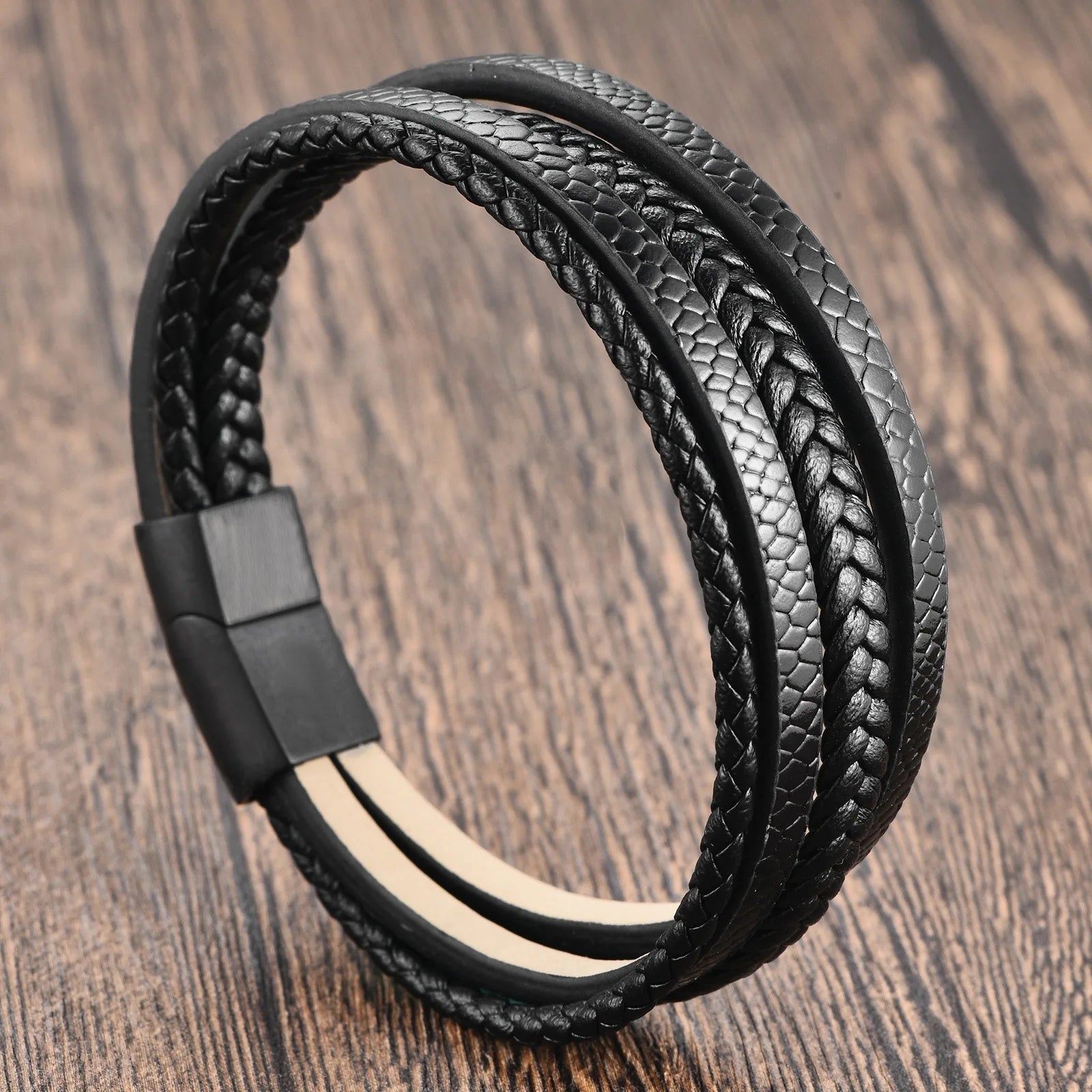 Brown Braided Genuine Leather Bracelet Stainless Steel Magnetic Buckle Cowhide Leather Wristband Bracelet Men's Jewelry