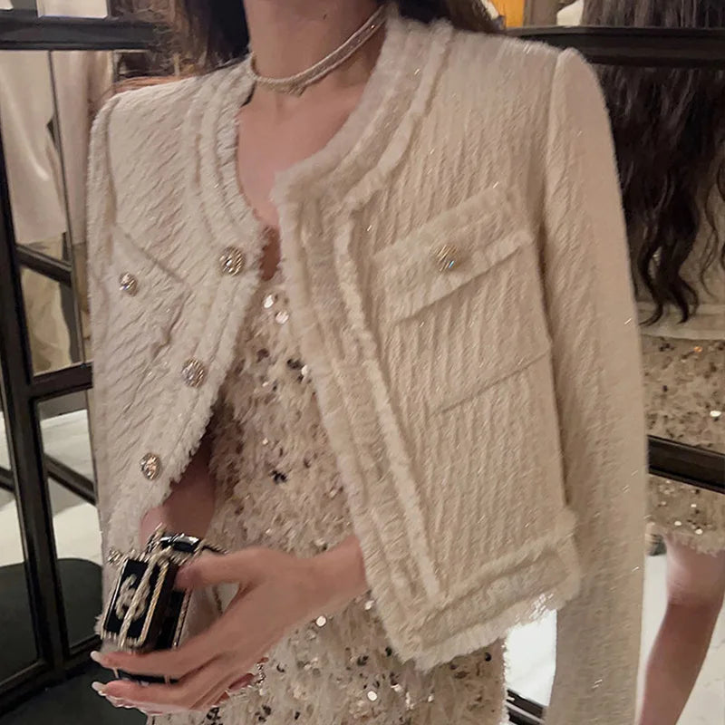 Wholesale 2026 Autumn Round Neck Long Sleeved Short French Retro High End Diamond Button Tassel Thick Tweed Women's Coat