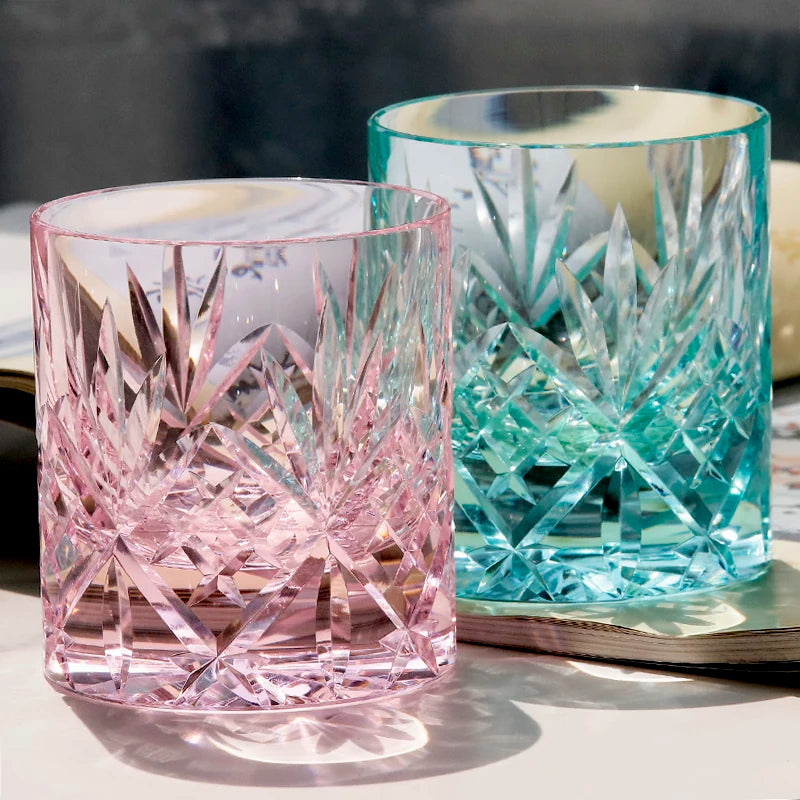 220ml Handcrafts K9 Crystal Glass Whiskey Tumbler Edo Kiriko Bamboo Leaves Design Pink Old Fashioned Glass Cup