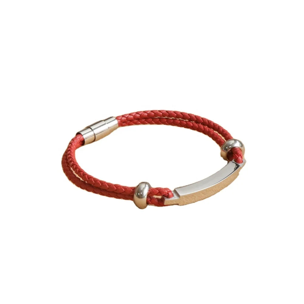 Handmade Red Genuine Leather Braided Bracelet Customizable Magnetic Clip Unisex Fashion Bangle Perfect Gift
