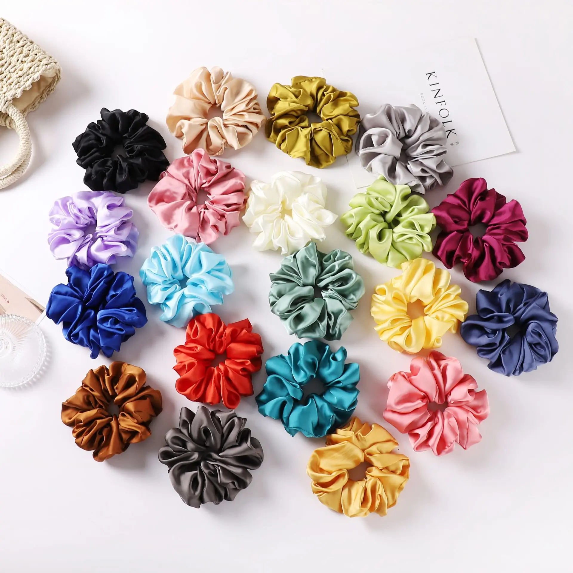Large Size 6.5cm Hair Bands Multi Color Faux Silk Hair Ties Pure Color Satin Scrunchies
