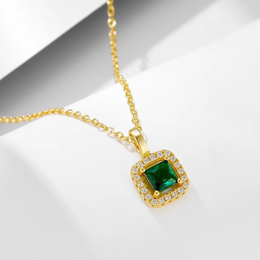 New Product S925 Sterling Silver square Emerald Zircon Pendant Necklace Women Light Luxury Clavicle Chain