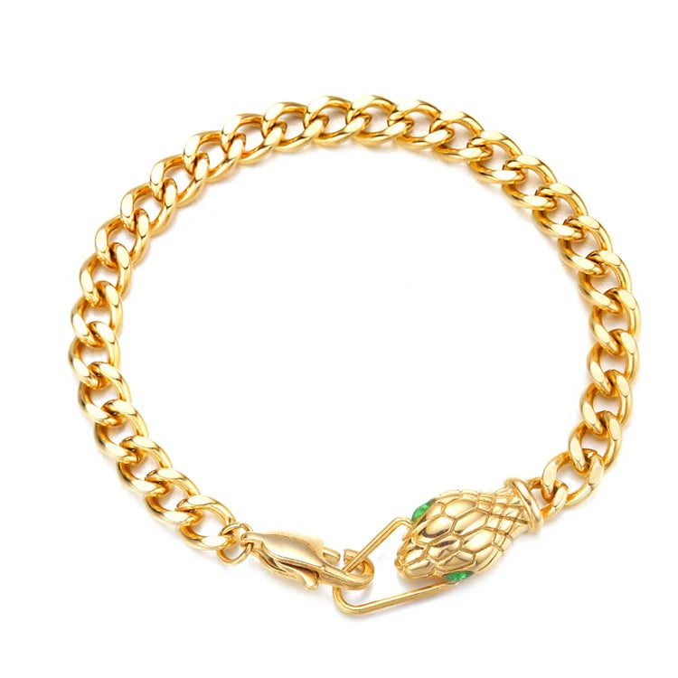 Wholesale Green Stone Crystal Emerald Eye Snake Head 18k Gold Plated Stainless Steel Cuban Chain Bracelet