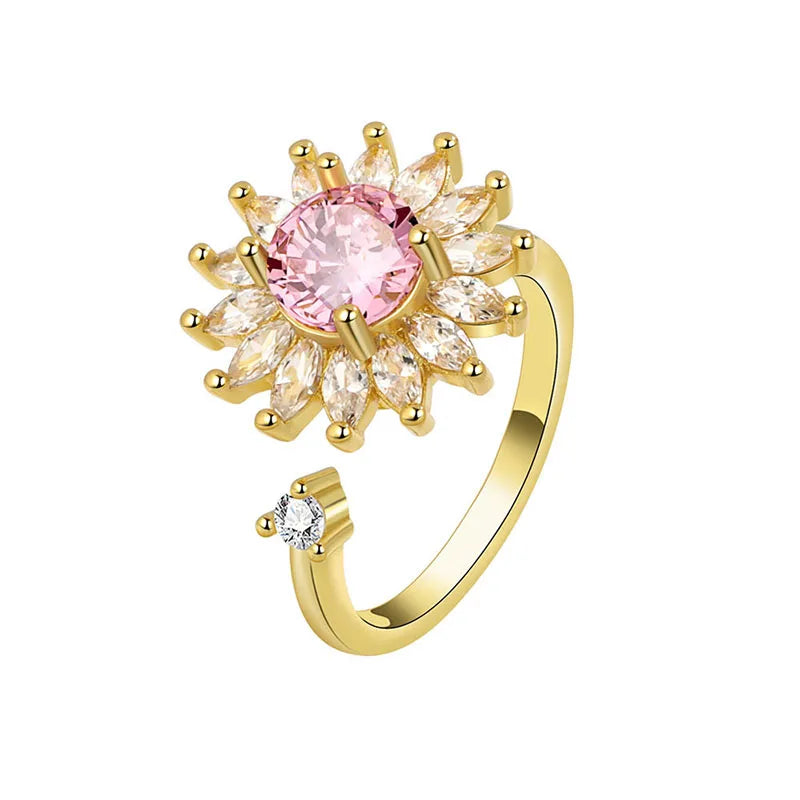 Fidget Spinner Rings Shiny Zircon Adjustable Rotatable Calming Worry Ring Sunflower Spinning Anti-anxiety Ring for Women