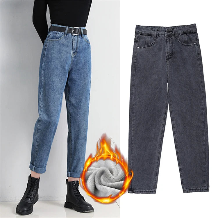 Plus Size Loose Plush Thickened Jeans Women Winter High Waist Jeans
