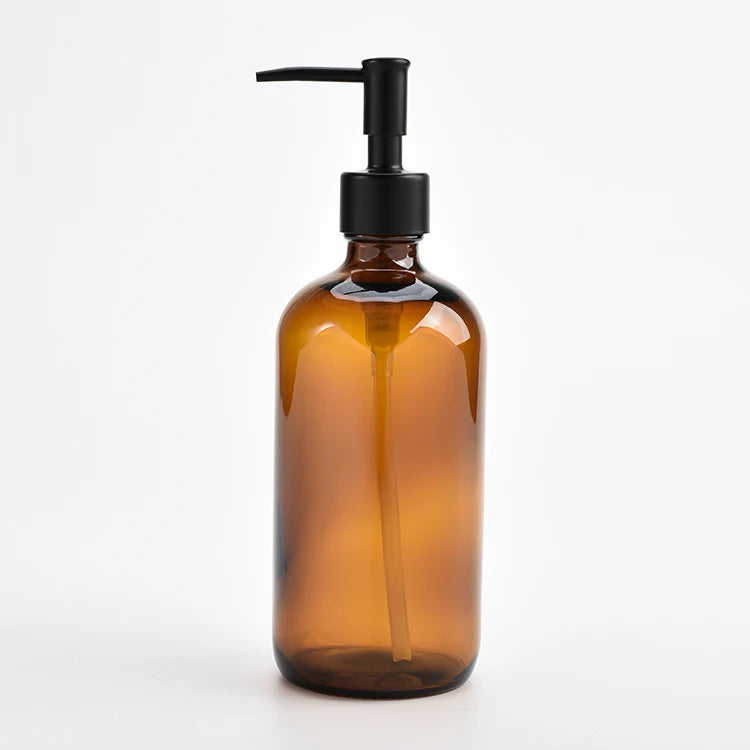 Popular Hot Sale Classic Design 16oz Boston Round Amber Glass Soap Dispenser Bottle With Matte Black Metal Pump