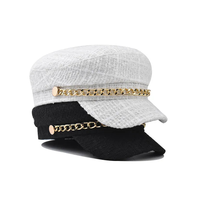 Tweed Beret Cap Female Autumn Winter Sailor Hat Captain British Retro Gold Chain Captain Hat for Women