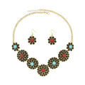 Vintage Silver Gold Flower Acrylic Gem Necklace Earrings Set Gypsy Indian Jewelry