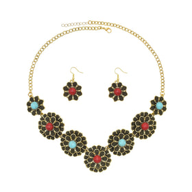 Vintage Silver Gold Flower Acrylic Gem Necklace Earrings Set Gypsy Indian Jewelry