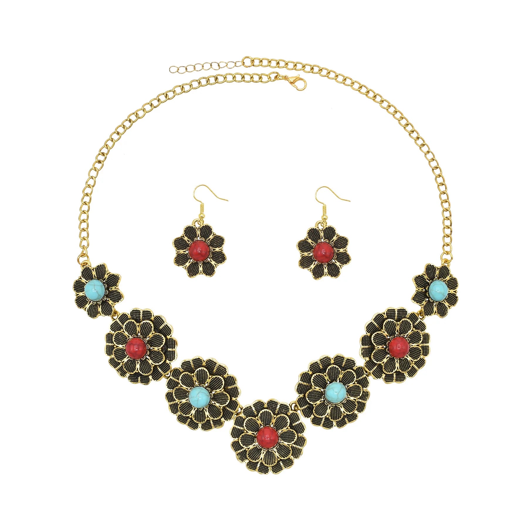 Vintage Silver Gold Flower Acrylic Gem Necklace Earrings Set Gypsy Indian Jewelry
