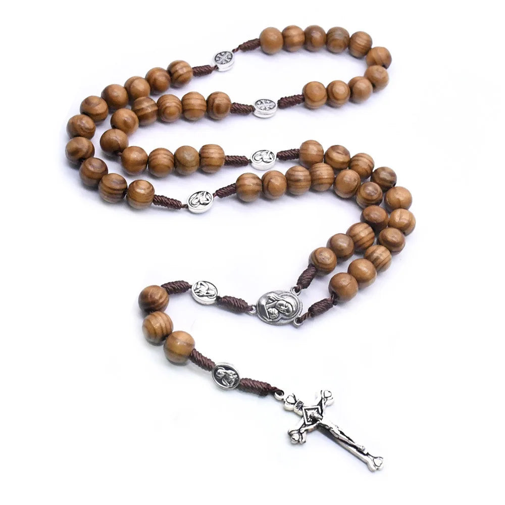Catholic Brown Wooden Rosary Beads With Soil Orthodox Cross Woven Rope Necklace of Religious Jewelry Men Women