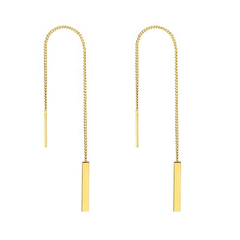 Stainless Steel Rose Gold Earrings Female Titanium Steel Geometric Rectangular Tassel Ear Line Earrings Ear Jewelry