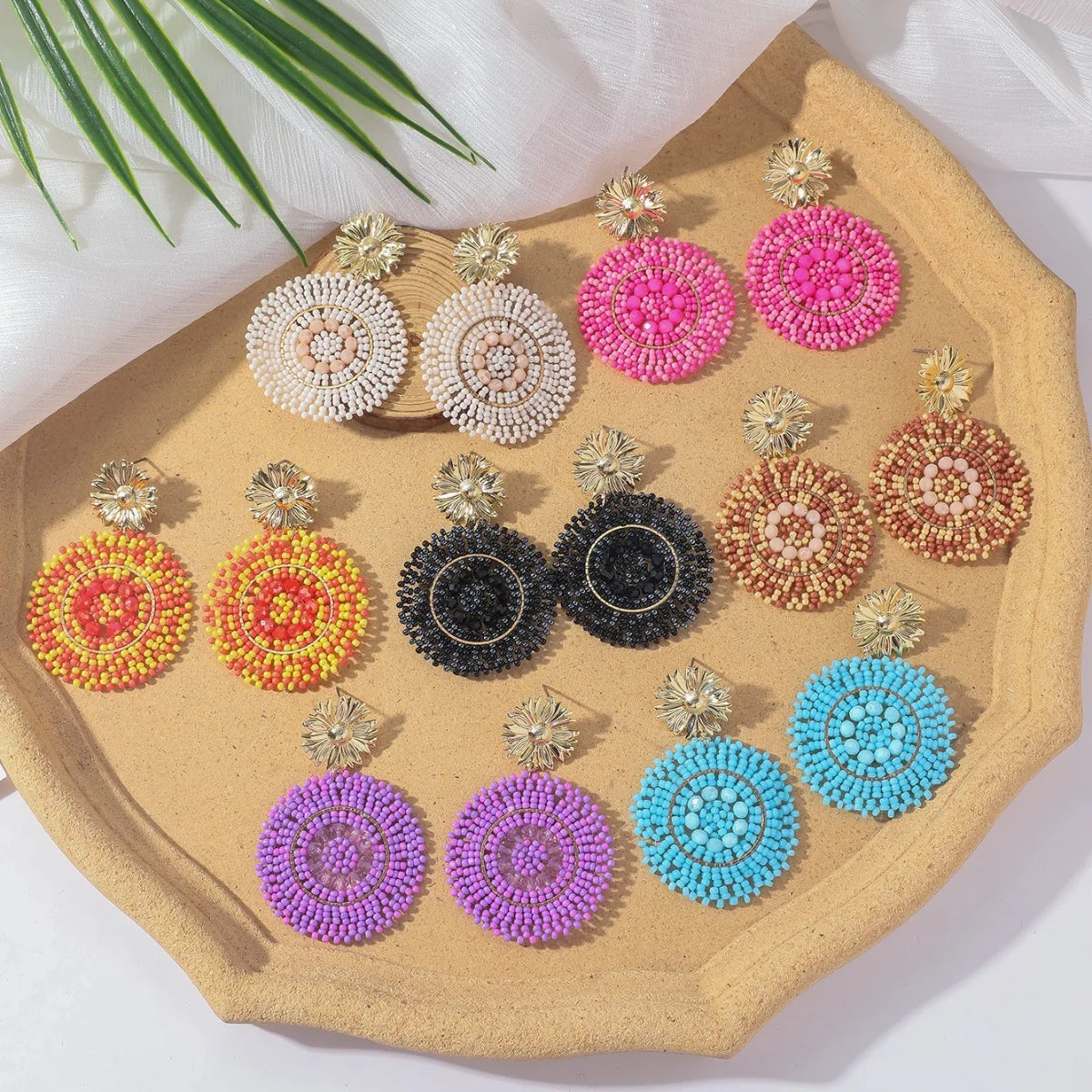 Vintage Hand-woven Colorful Beaded Flower Earrings Boho Resort Style Drop Seed Bead Earrings for Women