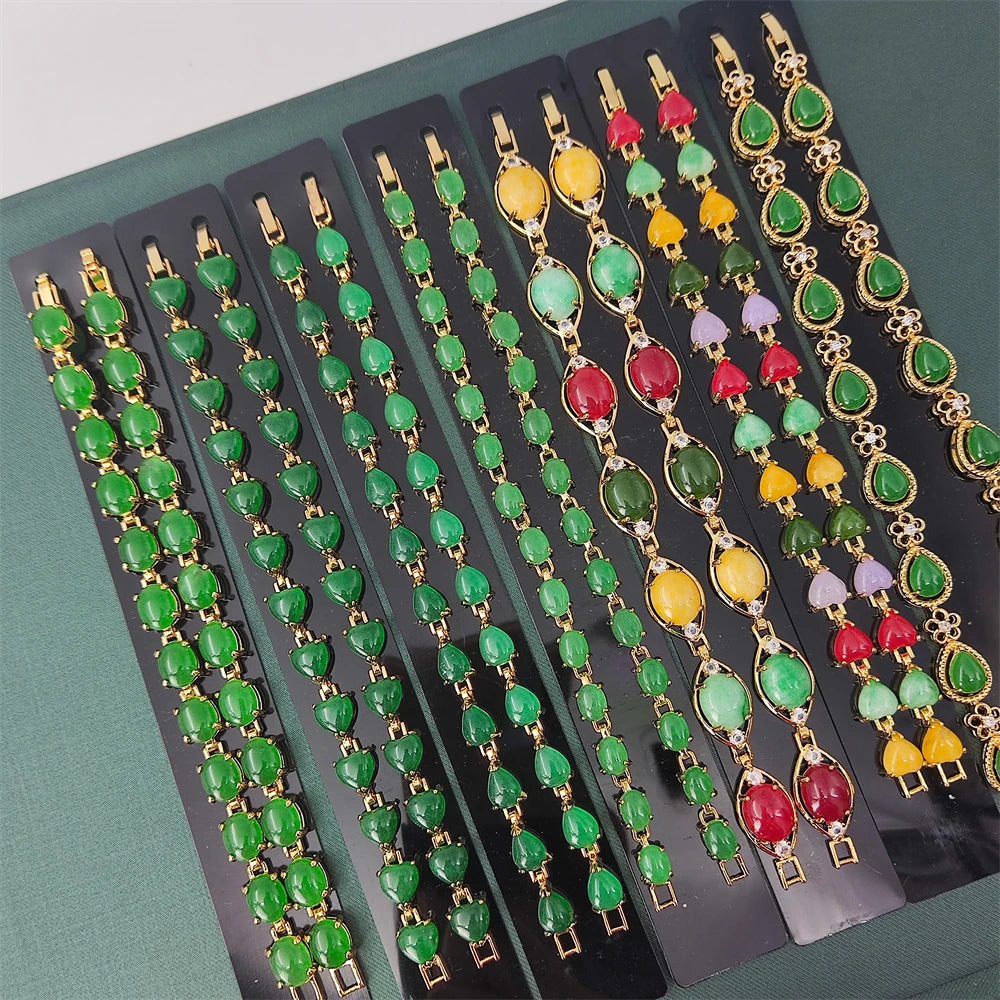 New Designs Colorful Purple Red Green Jade Bracelet Real Natural Malay Jade Stone Quartz Gold Bracelet Women Charms Bracelets