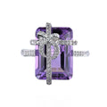 Romantic Rhodium Plated 925 Sterling Silver Natural Amethyst Bow Ring for Women Birthday Gift