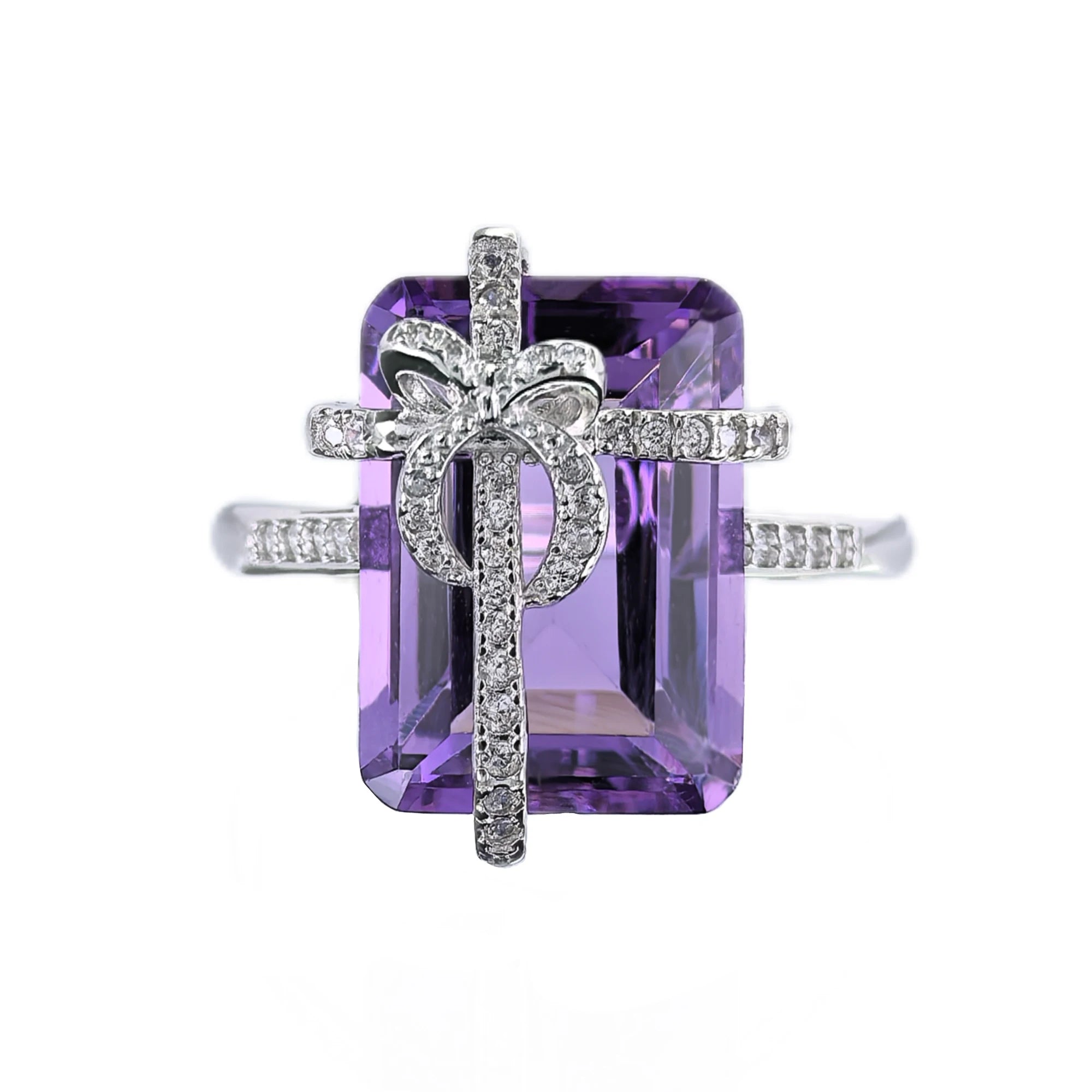 Romantic Rhodium Plated 925 Sterling Silver Natural Amethyst Bow Ring for Women Birthday Gift
