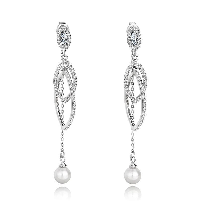 Fine 925 Sterling Silver Long Tassel Simple Hypoallergenic Fashion Natural Pearl Stud Earrings