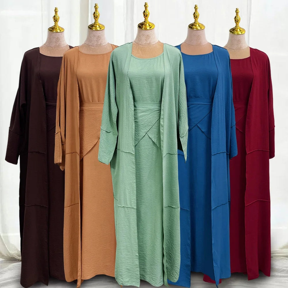 Loriya Solid Color Breathable Fashion Muslim Modest Kimono 3pcs Set Turkish Women Dresses Dubai Abaya Set Islamic Clothing