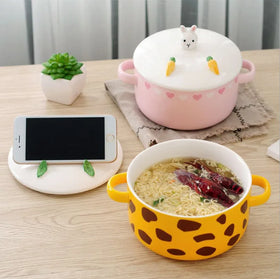 Japanese Cartoon Animal Mobile Phone Holder Double Ear Soup Rice Bowl Cover Cute Ceramic Noodle Bowl for Students Customized