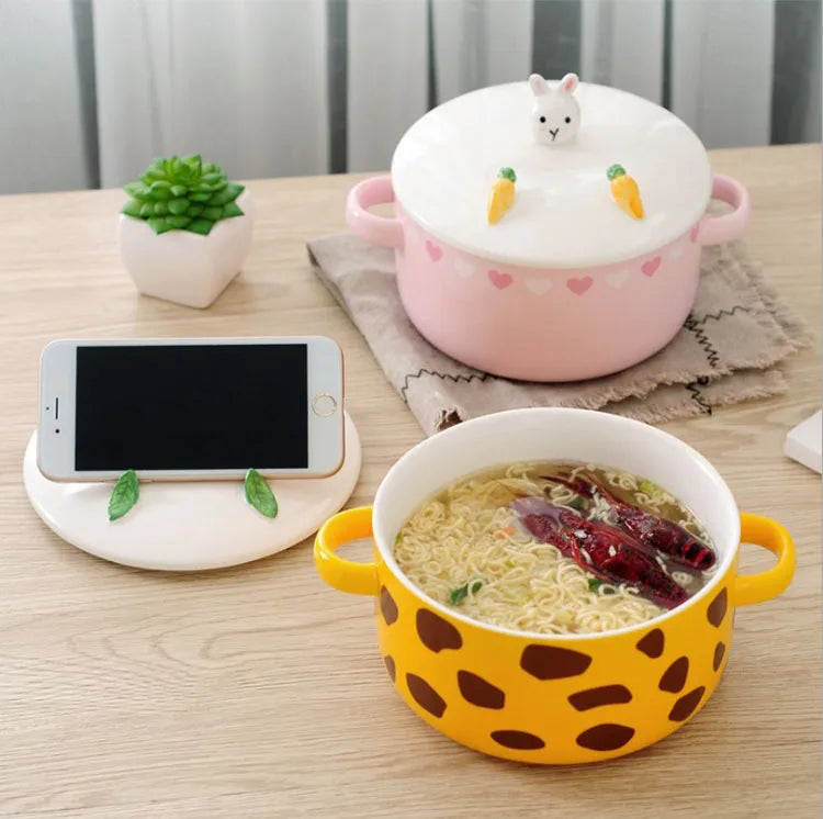 Japanese Cartoon Animal Mobile Phone Holder Double Ear Soup Rice Bowl Cover Cute Ceramic Noodle Bowl for Students Customized