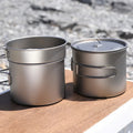 Outdoor Titanium Pot and Pan Set 1100ml Long Handle Picnic Cooking Pot Portable 350ml Frying Soup Pot for Camping