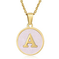 Qiuhan 18K Stainless Steel A-Z Initial Letter Round Pink Shell Letter Pendant Necklace