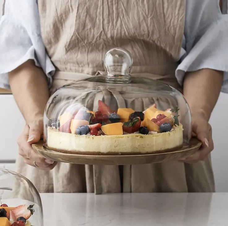 Food Grade Transparent Dustproof Cake Glass Cover Food Cover Cake Pan Glass Cover with Bamboo Tray