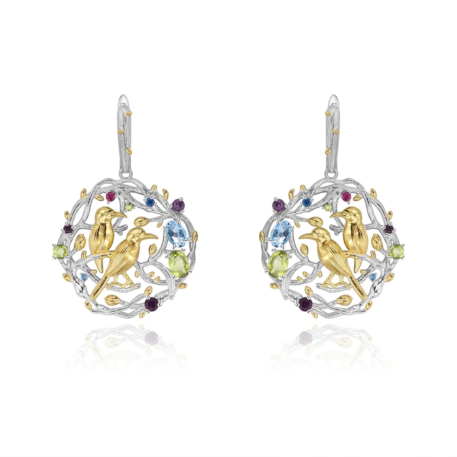 Abiding Handmade 925 Sterling Silver Earring Art Jewelry Busy Garden Natural Multicolor Gemstones Women Clip Drop Earrings