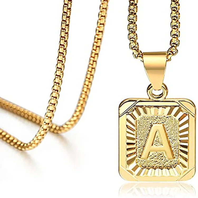 Collar Acero Inoxidable Hip Hop Jewelry Gold Plated Stainless Steel Initial Letter Square Pendant Necklace for Women Men