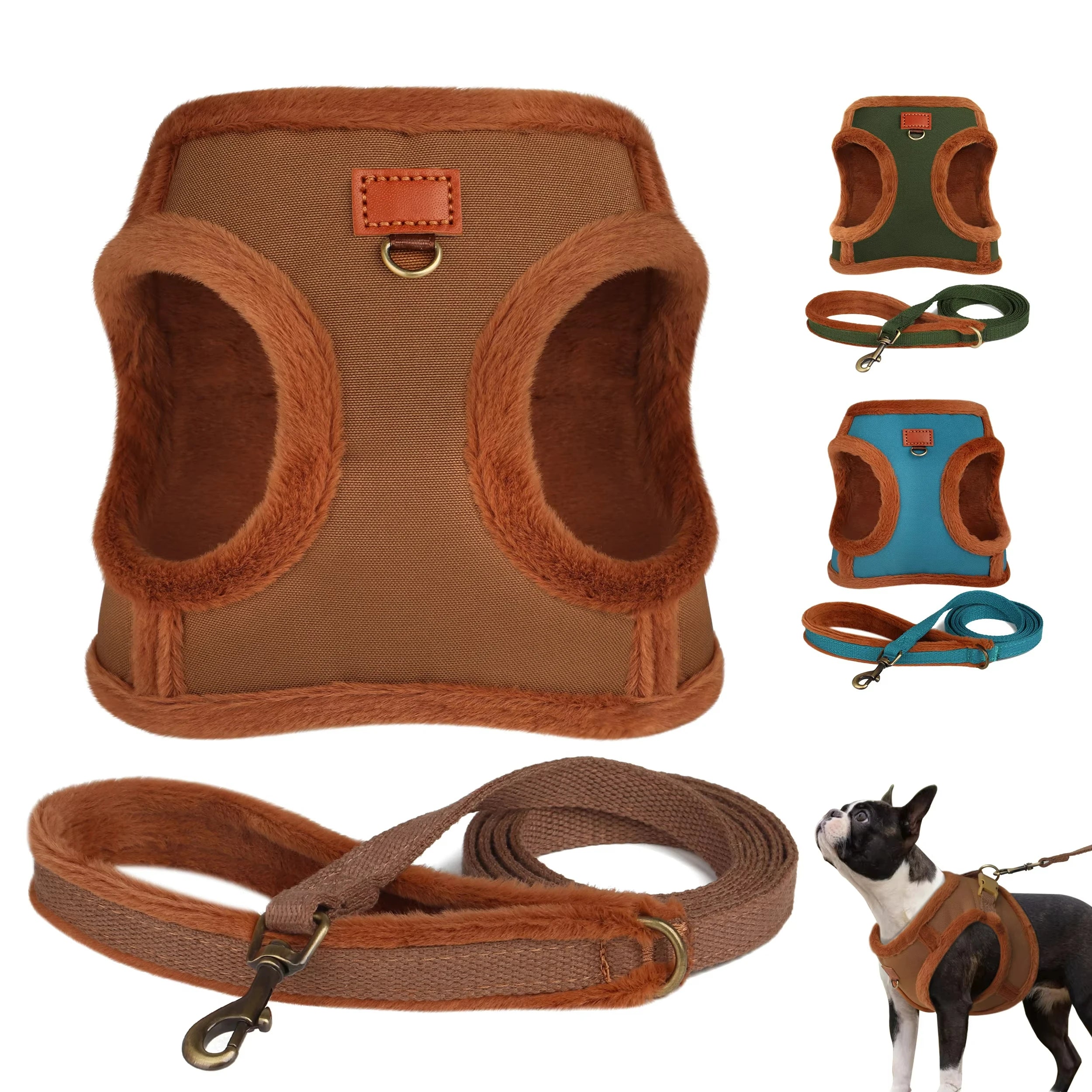 Custom Winter Dog Harness and Leash Set Warm Fur Padded Pet Vest Harness With Dog Walking Lead Rope Chihuahua Small Medium Dogs
