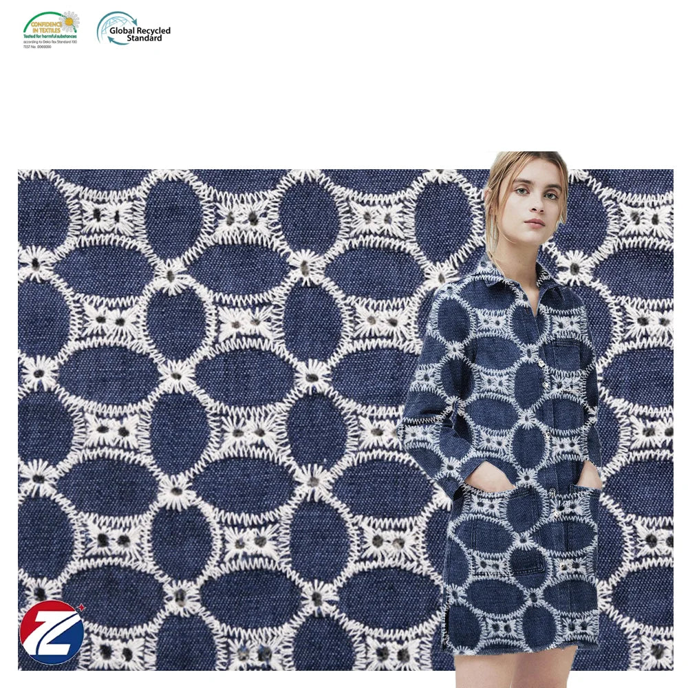 Designer Cutwork Eyelet Embroidery Plain Fabric | 65% Cotton 35% Polyester Denim Blend | Women's Girls Boys Fashion Jackets DIY
