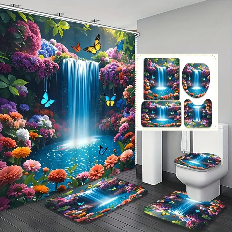 Modern Style Creative Dreamy Garden Polyester Shower Curtain Set Digital Printed for Classic Home Bathroom