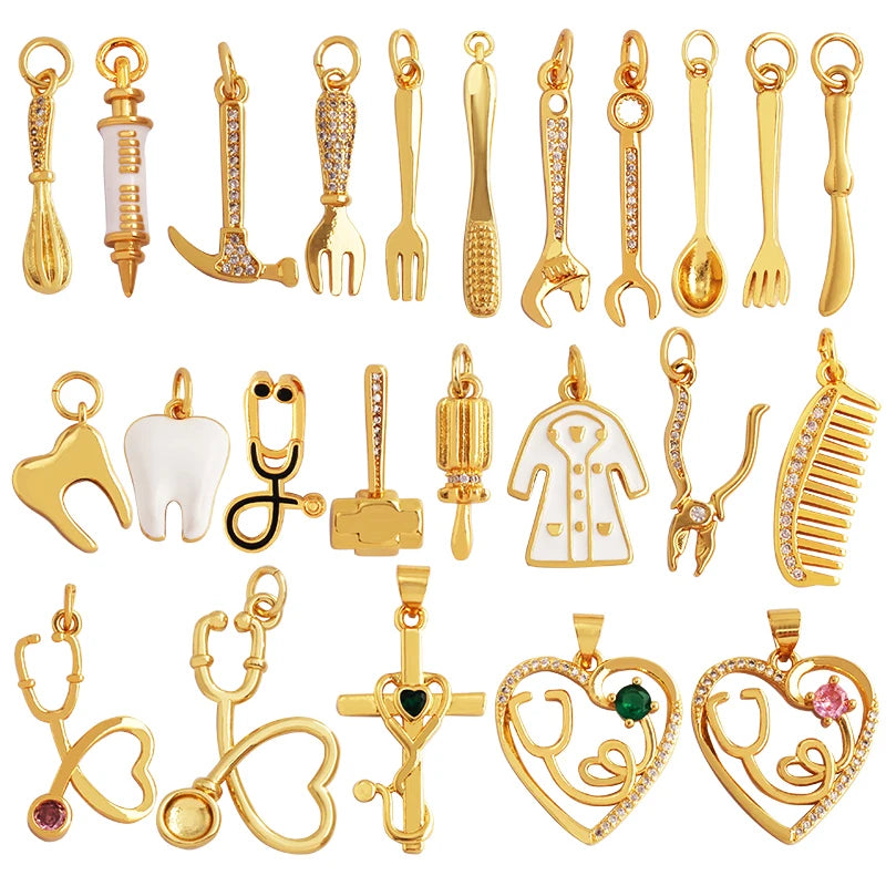 Love Heart Knife Fork Tableware Stethoscope Instrument Charm PendantDIY Jewelry Accessories for Necklaces Making Supplies M15
