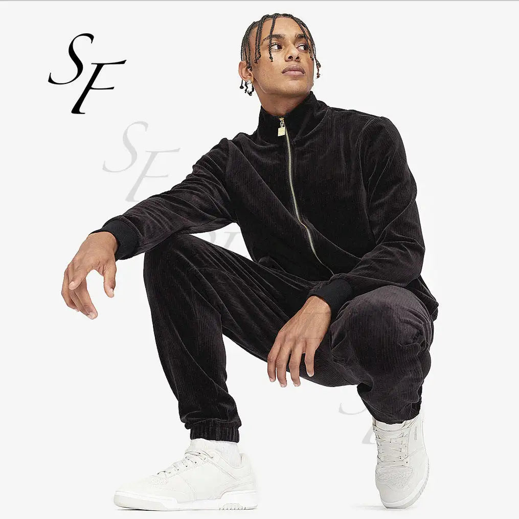 Custom Logo Fashion Casual Men's Sport Sweatsuit 2 Pieces Tracksuit Velour Corduroy Jogging Suit for Men