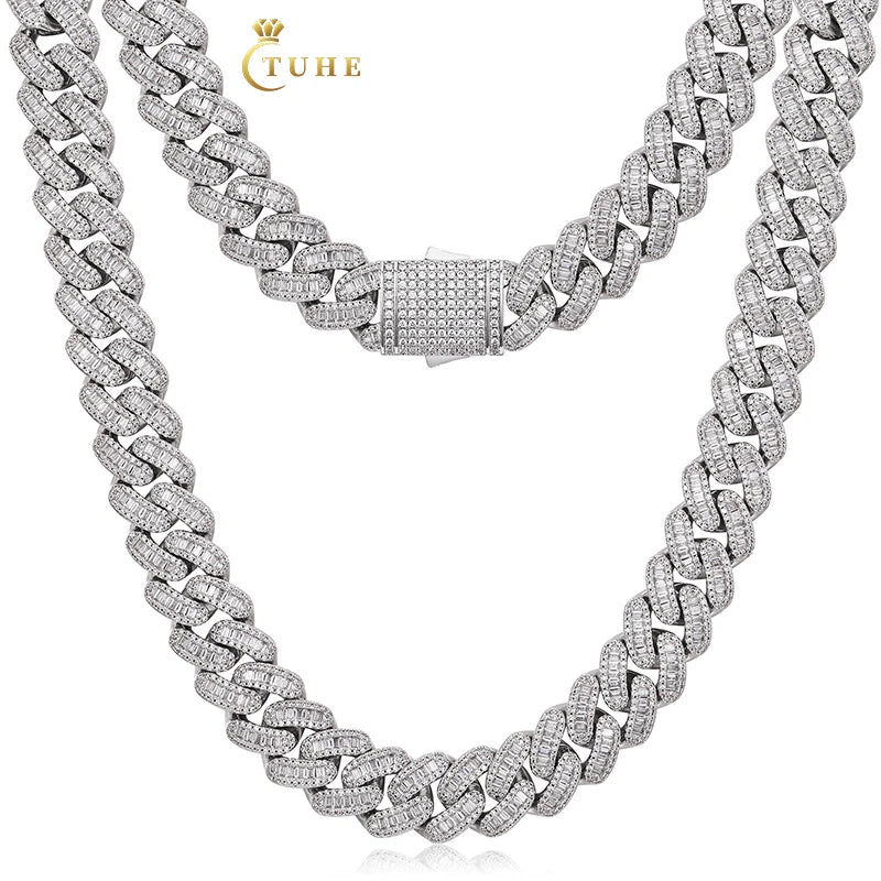 Iced Out Custom Bling Buguette VVS Moissanite Diamond Pass Diamond Tester Miami Cuban Link Chain Necklace