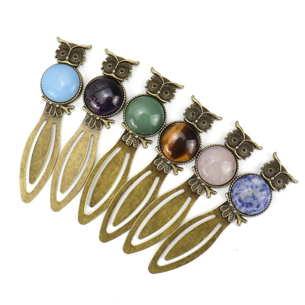 Wholesale Natural Stone Vintage Owl Agate Plate Animal Bookmark Crystal tiger Eye Green Aventurine Bookmark for Gift