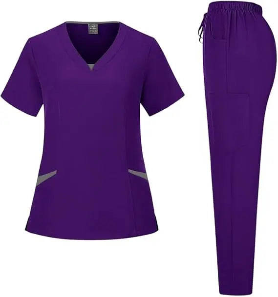 72% Recycled Polyester 23% Viscose 5% Spandex V Neck Top Pants Custom Logo Hospital Uniform