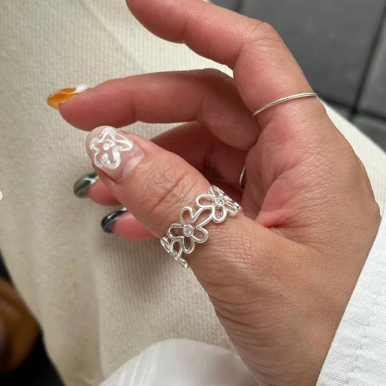 925 Sterling Silver Fashion Hollow Jewelry Ring Flower Simple Open Ring