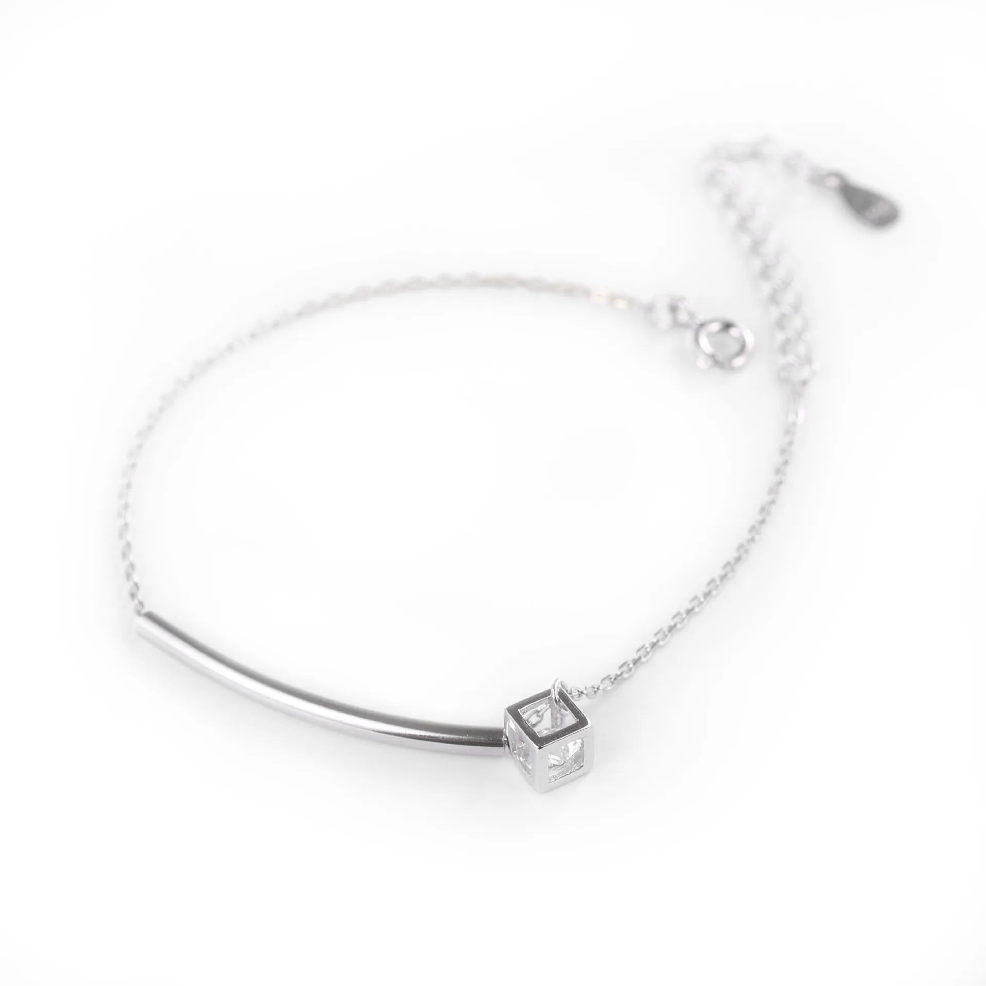 Rainbowking square Tube Pave Small 925 Sterling Silver Womens Initial Charm Zircon Fine Plain Bangle Bracelets Femme Bijoux 925