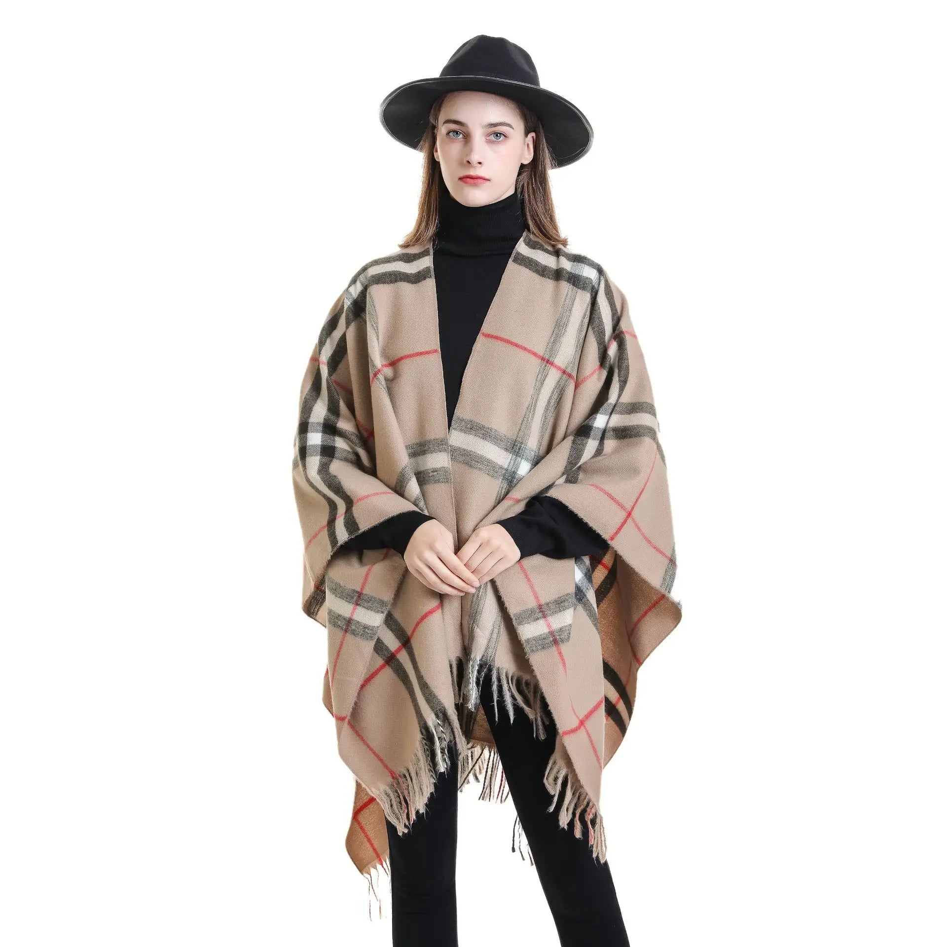 Women's Boho Open Front Poncho Knitted Plaid Shawl Wrap Cape Tassel Cardigan Sweater
