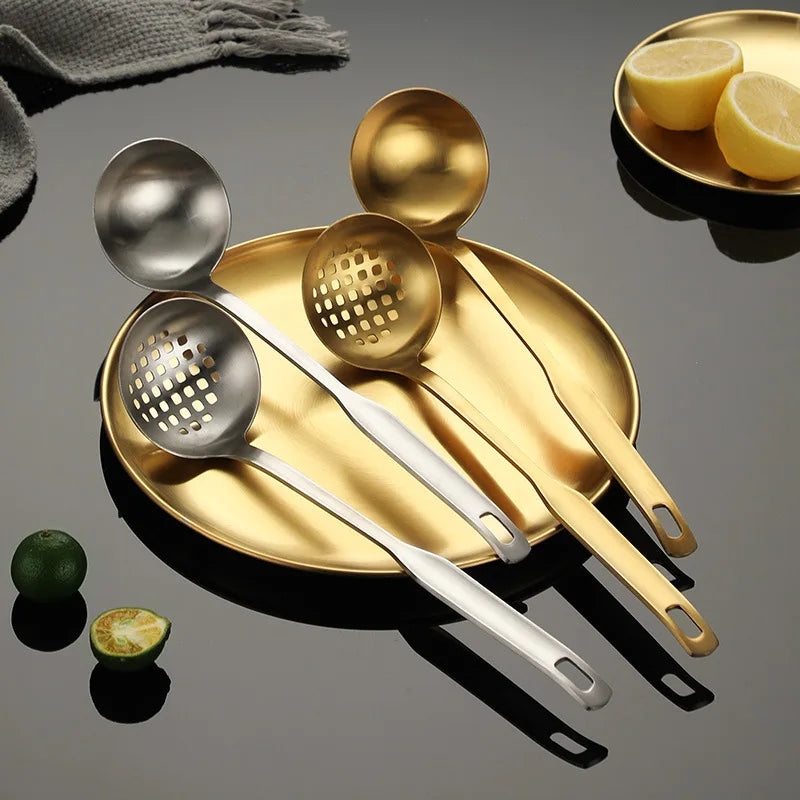 Gold Plated 304 Stainless Steel Soup Ladle Colander Long Handle Kitchenware Cookware Serving Spoon Durable Metal Utensil