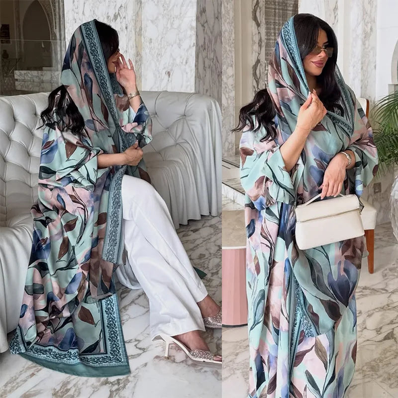 Summer Abaya Set With a Leaf Print Breathable Dubai Printed Open Abaya With Matching Hijab 2pieces Set