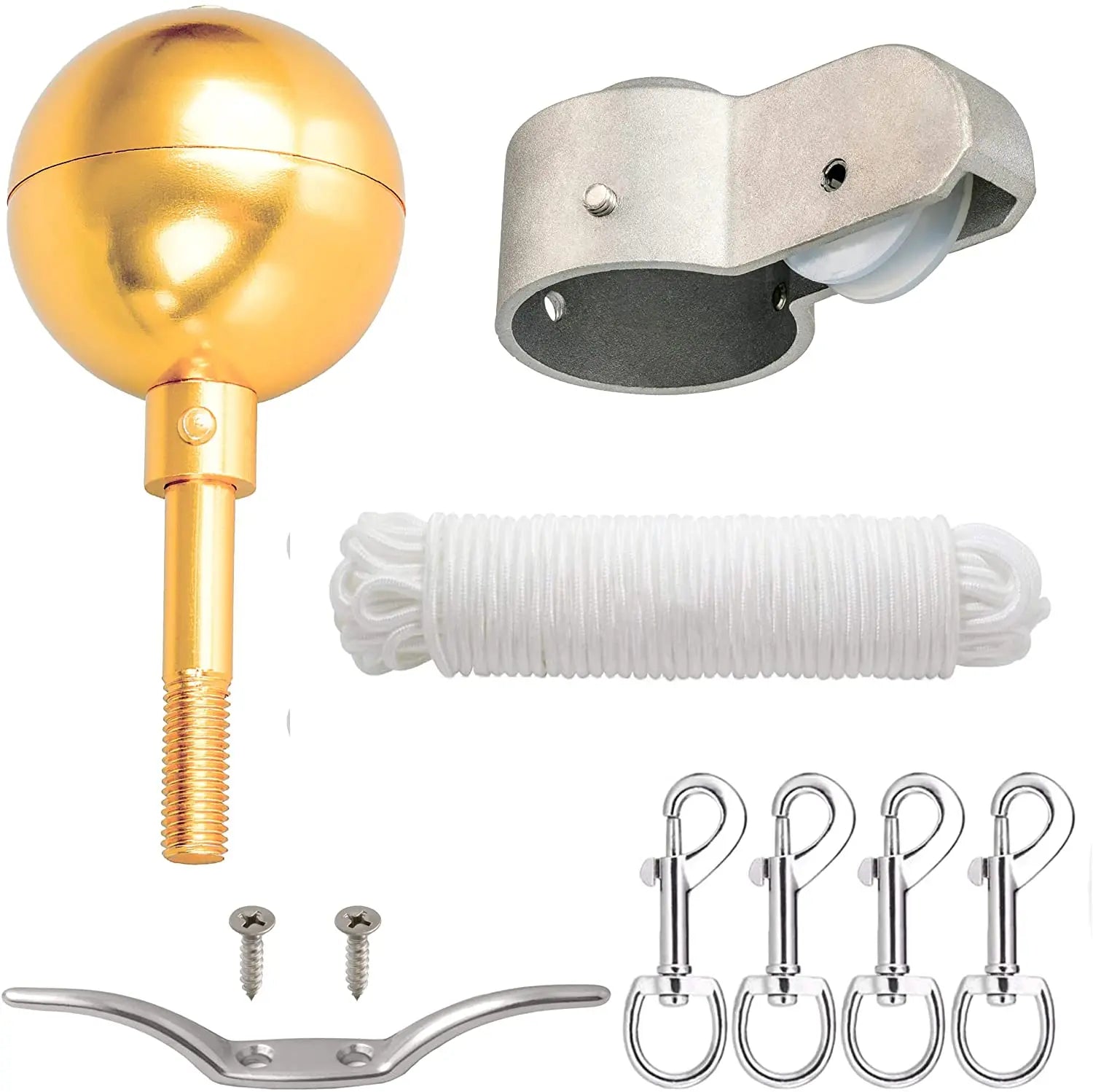 Flag Pole Hardware Parts Repair Kits 3" Topper Gold Ball  Halyard Rope 6" Cleat Hook 4 Flag Swivel Snap Hooks Flagpole Pulley