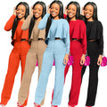 Autumn Stock's Latest Elegant Two-Piece Suit for Women O-Neck Ruffled Blouse Long-Sleeved Trousers Solid Curvy Women's Sets