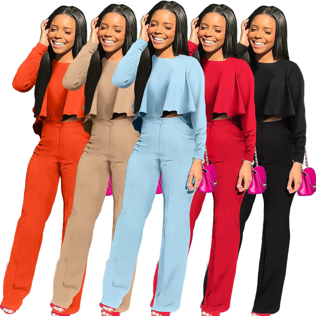Autumn Stock's Latest Elegant Two-Piece Suit for Women O-Neck Ruffled Blouse Long-Sleeved Trousers Solid Curvy Women's Sets