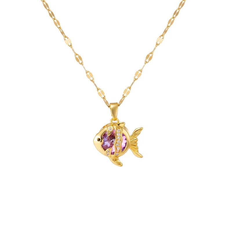 2025  Cartoon Style 18K Gold Plated Crystal Fish Pendant Stainless Steel Zircon Necklace for Women