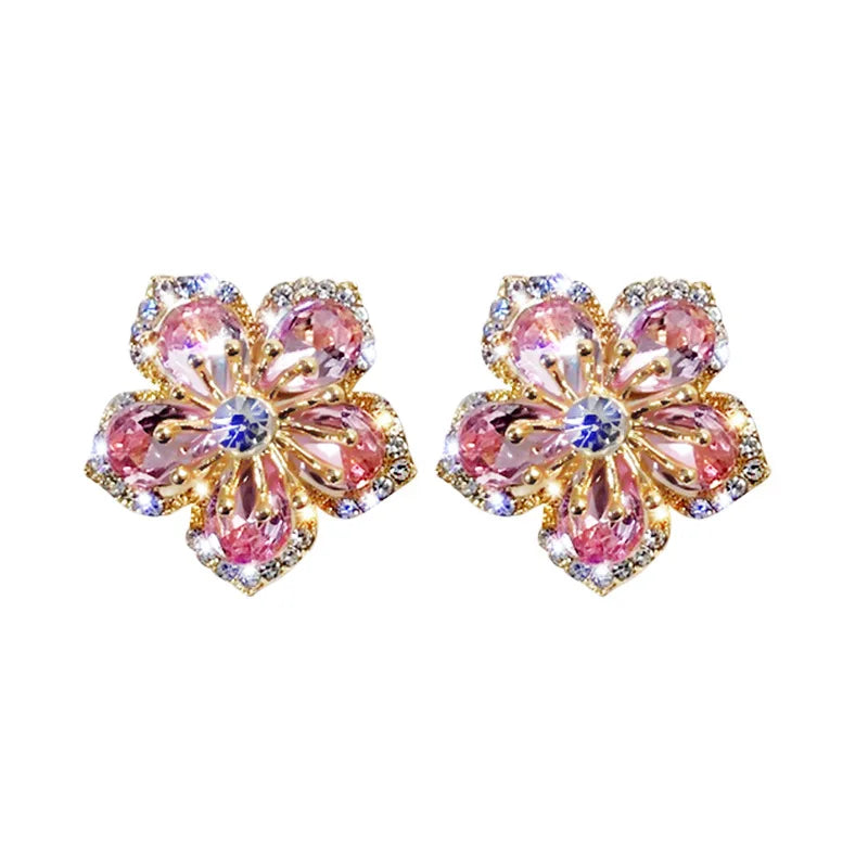 Korean INS Dainty Small Delicate Fashion Cherry Flower Crystal Temperament Geometric Shiny Zircon Statement Women Girl Earrings