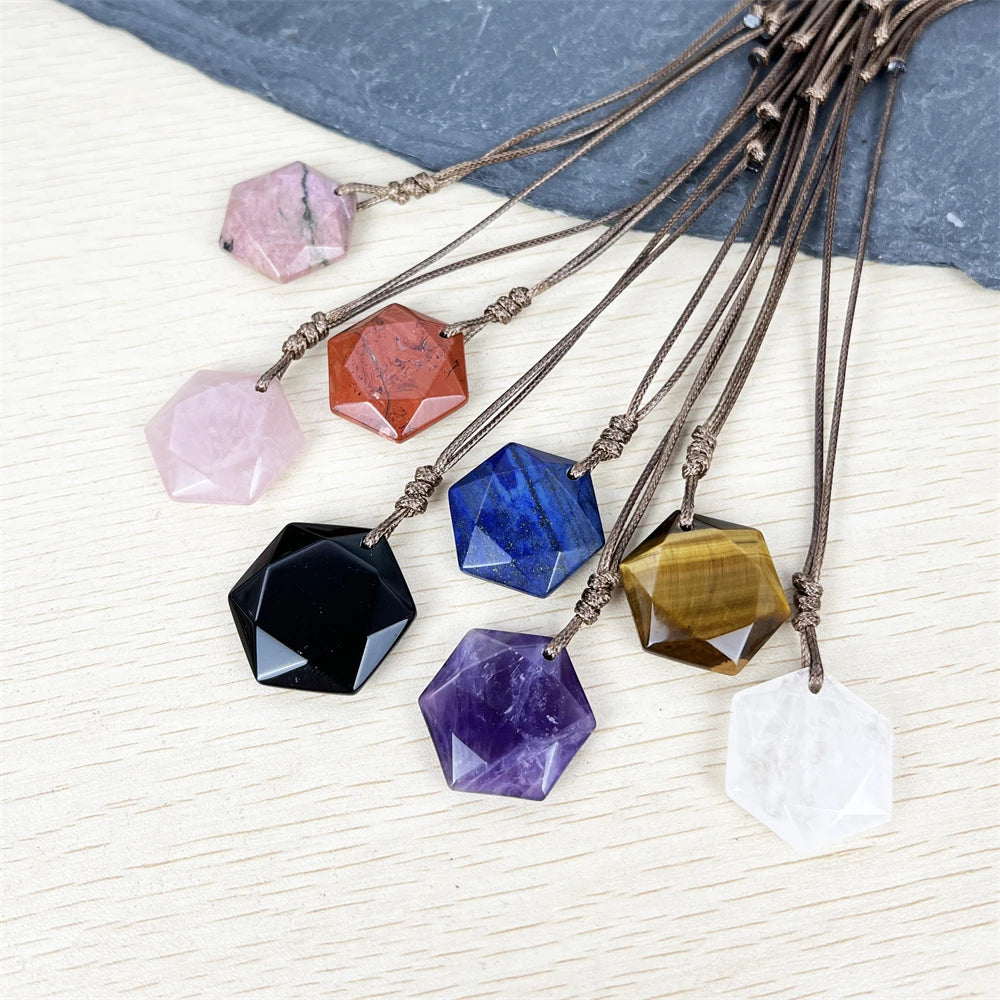 Wholesale Natural Crystal Pendant Rose Quartz Tiger Eye Amethyst Lapis Lazuli Hexagonal David Star Waxed Rope Handmade Necklace